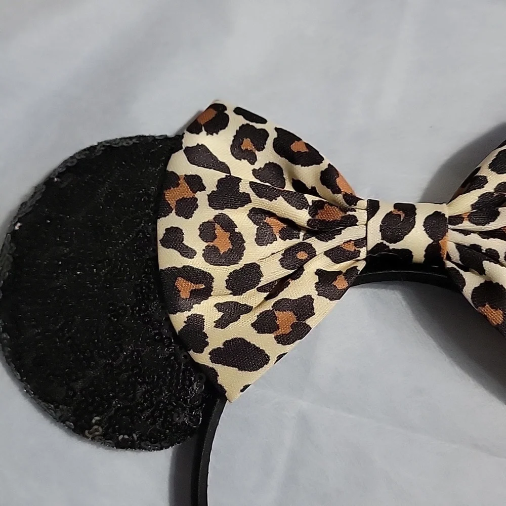 🍎New Leopard Print Bow Black Sequin Mickey & Minnie Mouse Ears Headband Disney
